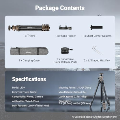 NEEWER LITETRIP Carbon Fiber Travel Tripod with Pan Tilt Low Profile Ball Head,62.4" DSLR Camera Phone Holder Stand Compatible with PD V3 Plates iPhone, 2 Center Columns,Max Load 22 lb, LT39