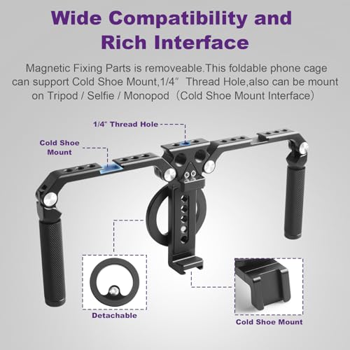OPC01 Foldable Phone Cage Handheld Stabilizer,Foldable Magnetic Smartphone Cage with Handle and Magnetic Sticker for iPhone 17/16/15/14/13/12/11/10 Series and Andriod Phones for Photographer