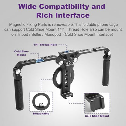 OPC01 Foldable Phone Cage Handheld Stabilizer,Foldable Magnetic Smartphone Cage with Handle and Magnetic Sticker for iPhone 17/16/15/14/13/12/11/10 Series and Andriod Phones for Photographer