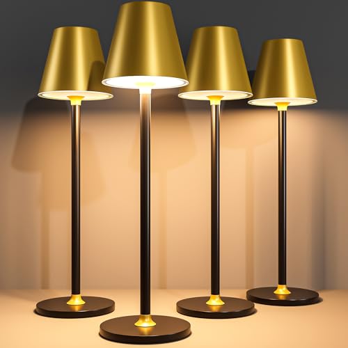 Timjorman 4-Pack Cordless Table Lamps - 5000mAh Rechargeable Battery Operated Desk Lamp, 3-Level Dimmable LED Night Light for Bedroom, Dining, Restaurant - Metal Design(Gold&Black 4PACK) - color: Gold&Black 4PACK