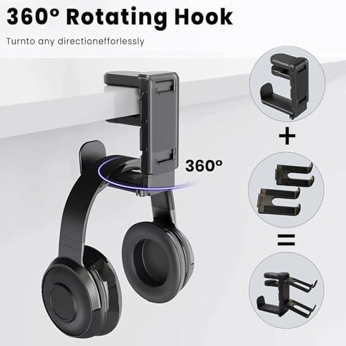 Rotating Headphone Stand with 360° Swivel - Adjustable Clamp-on Under Desk Headset Holder, Universal Gaming & Office Headphone Hanger (White) - color: White