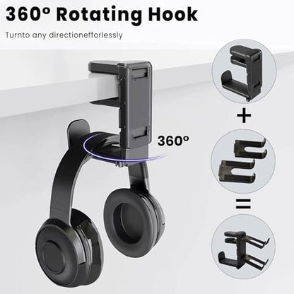 Rotating Headphone Stand with 360° Swivel - Adjustable Clamp-on Under Desk Headset Holder, Universal Gaming & Office Headphone Hanger (White) - color: White