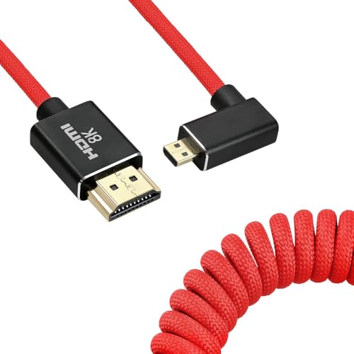 Uonecn Micro HDMI to HDMI Cable Coiled for Atomos Ninja-V, HDMI to Micro HDMI Spring Cord for Canon R5C R5 R6, Support 3D HDR 1080P HD eARC, Left Angle Red 12-18" - color: Red Braided, size: 12-18"(L-A)