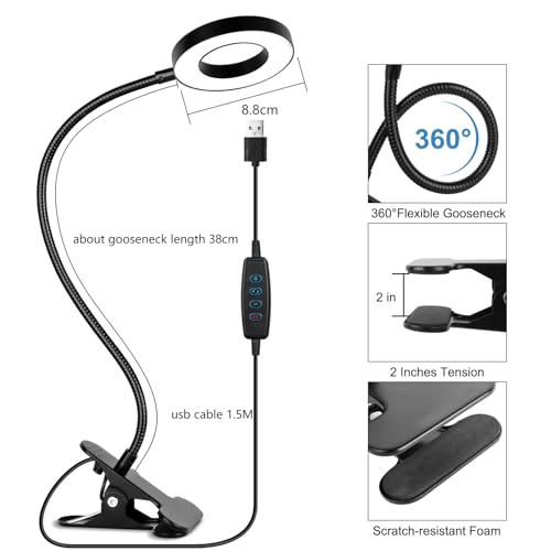 Woputne Desk Clip on Lamp for Reading Home Office, with 5V 2A Adapter, 10 Dimmable Brightness 3 Modes, Clamp Reading Light for Bed Headboard, Craft (Black)… - size: Black-1 Piece-Standard-With Adapter