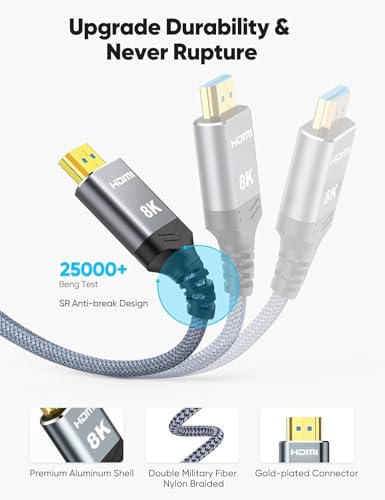 Highwings Long 8K Fiber Optic HDMI Cable 40 FT, 2.1 Unidirectional 48Gbps High-Speed Slim HDMI Braided Cord 8K60Hz 4K120Hz HDR/eARC HDCP 2.2/3D Compatible for PS5 and DVD Player - size: 40 feet