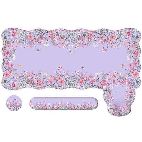 iCasso Desk Mat Set,Large Mouse Pad with Wrist Rest,Ergonomic Keyboard Wrist Support for Women,Girly Floral Computer Mat with Scalloped Edges,Non-Slip Desk Pad Home Office Gaming (Purple) - color: Purple