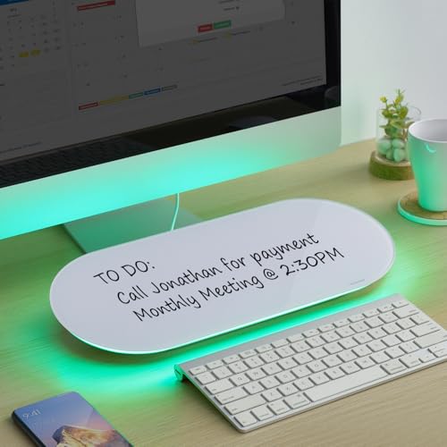 TSJ OFFICE Glass Desktop Whiteboard - 17 X 7 Inches Small Dry Erase Board with Green Light, Glass White Board Surface Notepad with 1 Drawer, Desk Organizers for Office, Home, School Supplies - color: Green Light (White Glass)
