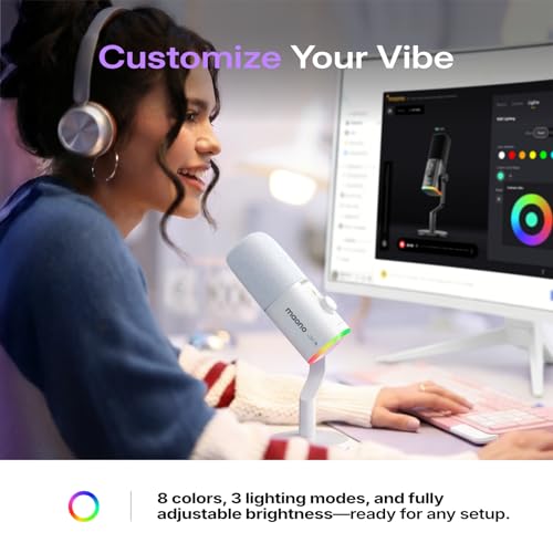 MAONO PD100W Wireless USB Dynamic Microphone, Gaming PC Mic with One-Click Noise Reduction,Mute Button,Custom RGB,3.5mm Headphone Jack,Software,Podcast Streaming Mic (Boom Arm(USB-C Receiver), White) - color: White
