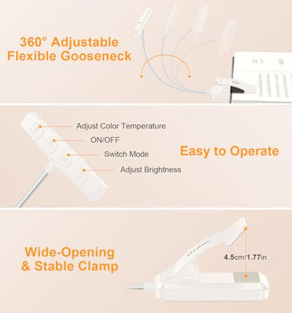 Gritin 2026 Gen 2 Book Light for Reading- 32 Eye Caring Full Spectrum LED | 5 Colors & 5 Brightness, Adjustable Wide/Narrow Beam, Upgrade 1500mAh Long-Lasting Rechargeable Clip on Light-White - color: White