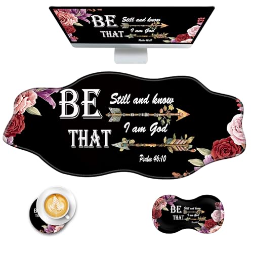 Mouse Pad with Wrist Support + Desk Mat + Coaster 3 in 1 Set, XXL Large Gaming Mousepad Ergonomic Mouse Pads for Desk Computer Laptop Office,Bible Verse Psalm 46-10 Adorable Peony Flower - color: Bible Verse Psalm 46-10 Adorable Peony Flower, size: 3 Pcs-