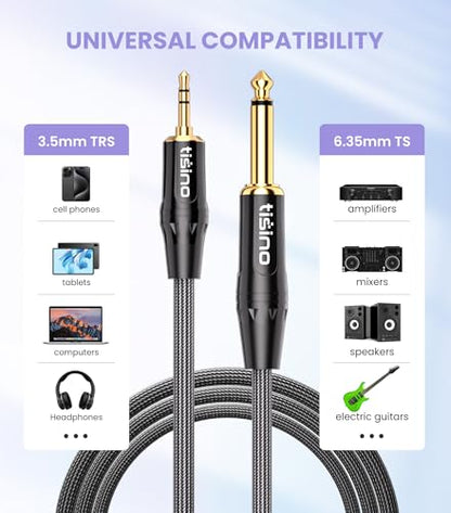 Tisino 1/4 to 1/8 Stereo Cable, 3.5mm TRS to 1/4 inch TS Mono Interconnect Cable - Mono to Stereo Adapter - 6 Feet - size: 6.6 feet