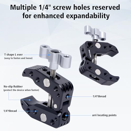Universal Camera Clamp 10-60mm with 1/4"-3/8" Threads & Positioning Holes - Multi-Angle Adjustable Clamp for DSLR, Bike Handlebar, Desktop Streaming (Lightweight Aluminum Alloy) 62019