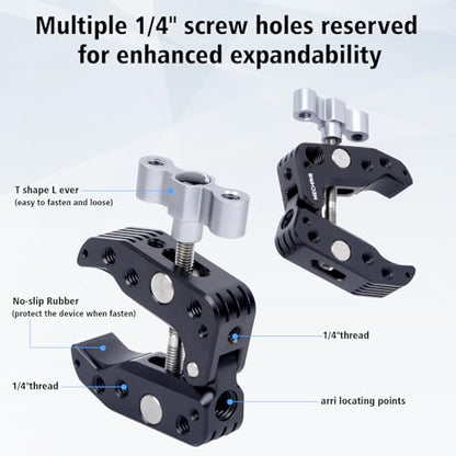 Universal Camera Clamp 10-60mm with 1/4"-3/8" Threads & Positioning Holes - Multi-Angle Adjustable Clamp for DSLR, Bike Handlebar, Desktop Streaming (Lightweight Aluminum Alloy) 62019