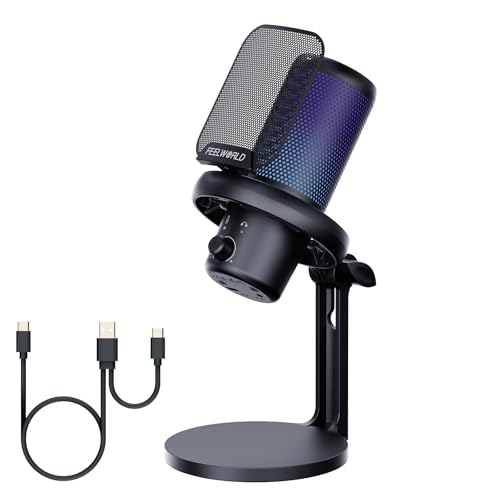 FEELWORLD VM1 Gaming PC USB Microphone Condenser Mic with Noise Cancellation Mute RGB Light, Computer Accessories Gifts for Gamer YouTube Twitch Podcast Streaming Recording Online Chat PS4 PS5 - color: Black