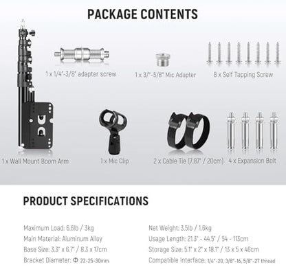 Microphone-Ceiling-Stand,Telescoping Mic Wall-Mount Boom Arm compatible with Shure MV7,MV6,SM7B,SM58,SM57,SM4,SM7dB Microphones for Podcast, Streaming, Gaming & Studio Recording