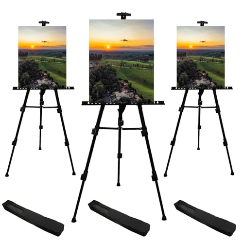 RRFTOK Black 3 Pack 21-66 Inch Art Easel Stand for Painting and Sign | Three portable metal tripod easels with reinforced triangle for canvas holder, floor display, drawing and poster stand use - style: 66BL 3-pack