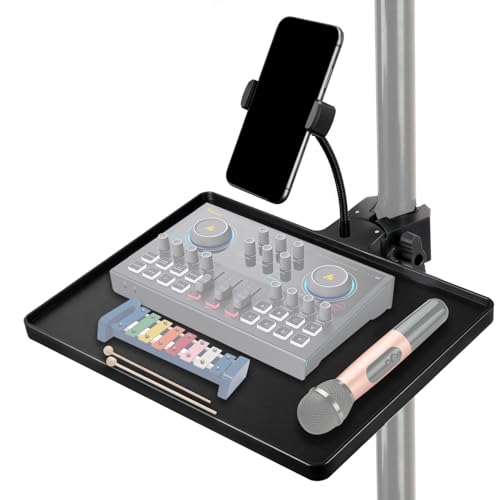 Koolehaoda Mic Stand Tray with Phone Holder & Crab Clamp, 10.6" x 8" | Large Microphone Stand Tray Holder, Compatible with Most Mic Stands, for Stage, Live Streaming, Concert, Karaoke Performance - size: Large Tray with Phone Holder