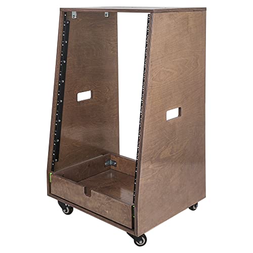 Sound Town DIY 16U Slanted Recording Studio Rack with Extra 2U Drawer, Rubber Feet & Casters, Solid Baltic Birch Plywood Audio Equipment Rack, Weathered Brown (SDRK-16TBD2) - size: 16U, Weathered Brown, Slanted w/ Drawer