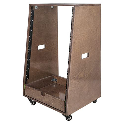 Sound Town DIY 16U Slanted Recording Studio Rack with Extra 2U Drawer, Rubber Feet & Casters, Solid Baltic Birch Plywood Audio Equipment Rack, Weathered Brown (SDRK-16TBD2) - size: 16U, Weathered Brown, Slanted w/ Drawer