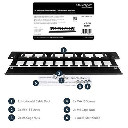 StarTech.com Horizontal 1U Server Rack Cable Management Finger Duct w/ Cover - 19" Network Rack Wire Duct Raceway Panel - Slotted Wire Duct (CMDUCT1UX) - style: 1U | Horizontal
