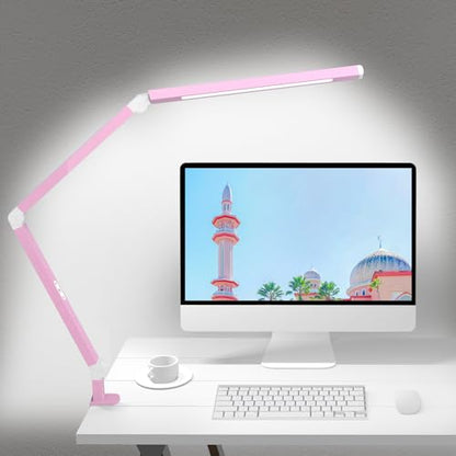 Micomlan Architect Desk Lamp with Clamp, Led Desk Lamp with Dual Light Bars and Adjustable Swing Arm, Clip-on Stepless Dimming Table Light Computer Lighting for Home Office Sewing Painting Hobby - color: Pink+Touch