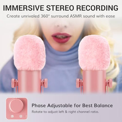 TONOR ASMR Microphone Equipment Bundle With Audio Interface, Immersive 3D Stereo, Dual Condenser Mics With Mixer, Clear Sound, Volume Control, Furry Windscreens, ASMR Starter Pack, Pink - color: Pink