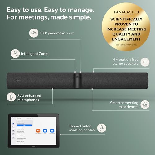 Jabra PanaCast 50 Video Bar System - All-in-one Meeting Room Solution, Audio bar, 180° Full-Room Webcam, Intelligent AI-Enabled Features, and PanaCast Control Touchscreen - Zoom Certified - Black - style: Zoom Certified