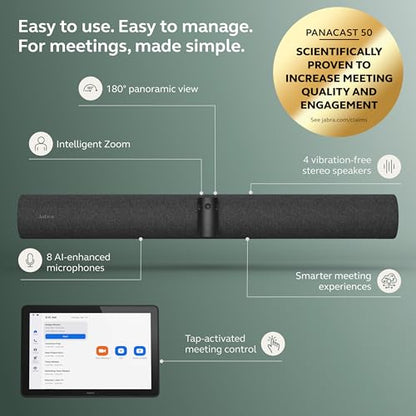 Jabra PanaCast 50 Video Bar System - All-in-one Meeting Room Solution, Audio bar, 180° Full-Room Webcam, Intelligent AI-Enabled Features, and PanaCast Control Touchscreen - Zoom Certified - Black - style: Zoom Certified