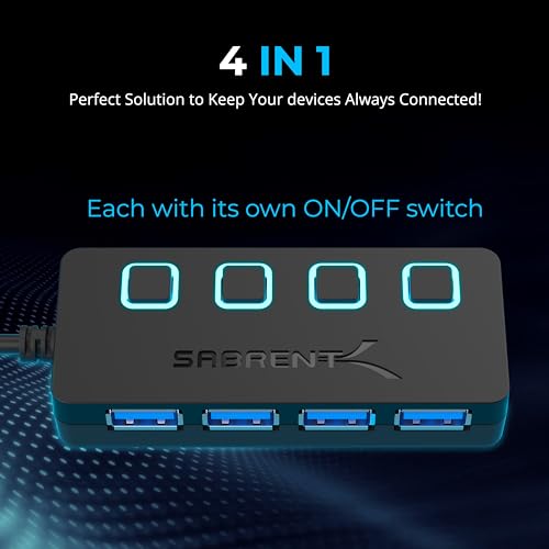 SABRENT 4 Port USB 3.0 Hub with Individual LED Lit Power Switches, Includes 5V/2.5A Power Adapter (HB-UMP3)