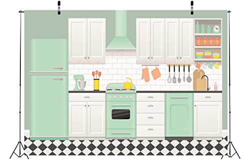 6x4ft Fabric Cartoon Kitchen House Backdrop Baking Room Photography Background Christmas Cooking Interior Decoration Family Birthday Party Banner for Adult Kids Portrait Video Photo Booth Props - size: 6x4FT