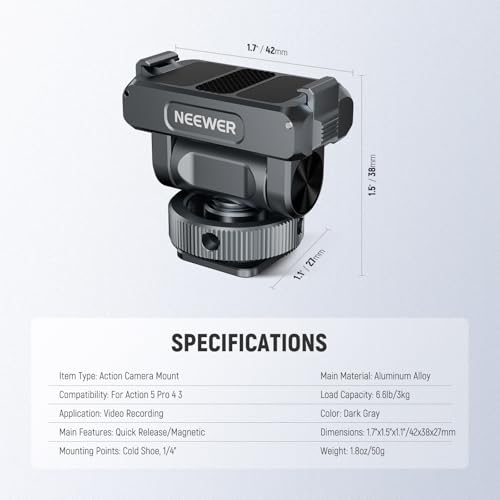 NEEWER Magnetic Mount Accessories Compatible with DJI Osmo 360 / Action 5 Pro / 4/3, Quick Release 160° Tilt Action Camera Adapter Mount with Cold Shoe, 1/4" Thread, AC012 Dark Gray - style: AC012 Dark Gray