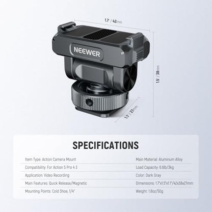 NEEWER Magnetic Mount Accessories Compatible with DJI Osmo 360 / Action 5 Pro / 4/3, Quick Release 160° Tilt Action Camera Adapter Mount with Cold Shoe, 1/4" Thread, AC012 Dark Gray - style: AC012 Dark Gray