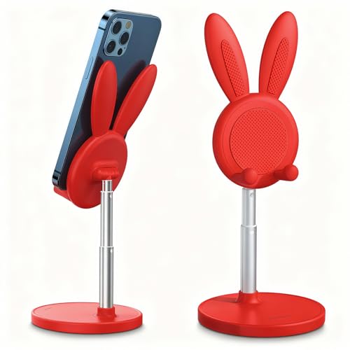 OATSBASF Cute Phone Stand, Pink Phone Stand with Bunny Desk Decor for Women as Pink Desk Accessories and Adjustable Cell Phone Holder for Desk Compatible with All Mobile Phones (Red) - color: Red
