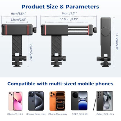 Ruittos Phone Tripod Mount with Remote Controller, New Universal Smartphone Mount Adapter with Cold Shoe, 360° Rotates Cell Phone Clip Clamp Holder, Compatible with iPhone, Samsung and All Phones