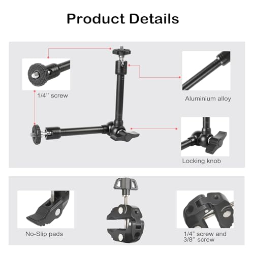 PellKing Magic Arm Clamp Kit, Camera Mount Articulating Friction Arm w 2 Pcs Super Clamp, w 1/4"-20 Screw and Thread Hole, for Camera, Light, Monitor, Webcam or Action Camera 2kg, for Table, Tube