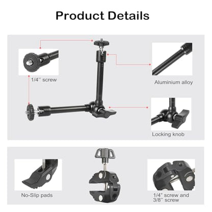 PellKing Magic Arm Clamp Kit, Camera Mount Articulating Friction Arm w 2 Pcs Super Clamp, w 1/4"-20 Screw and Thread Hole, for Camera, Light, Monitor, Webcam or Action Camera 2kg, for Table, Tube