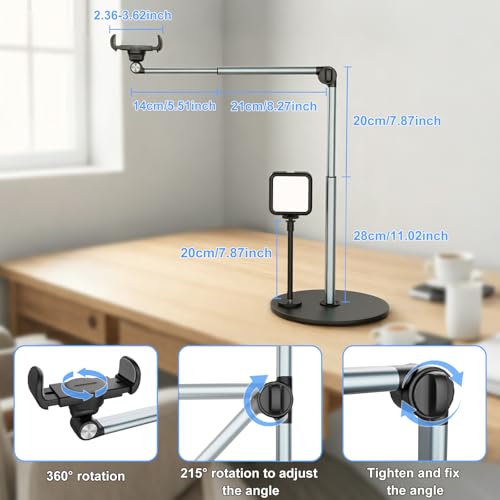 Overhead Phone Mount with Rechargeable & Gooseneck Light for Cooking Videos, Adjustable Desk Stand for Content Creators, Tripod for Hands-Free Video Recording, Compatible with Smart Phones