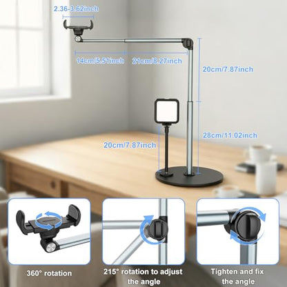 Overhead Phone Mount with Rechargeable & Gooseneck Light for Cooking Videos, Adjustable Desk Stand for Content Creators, Tripod for Hands-Free Video Recording, Compatible with Smart Phones