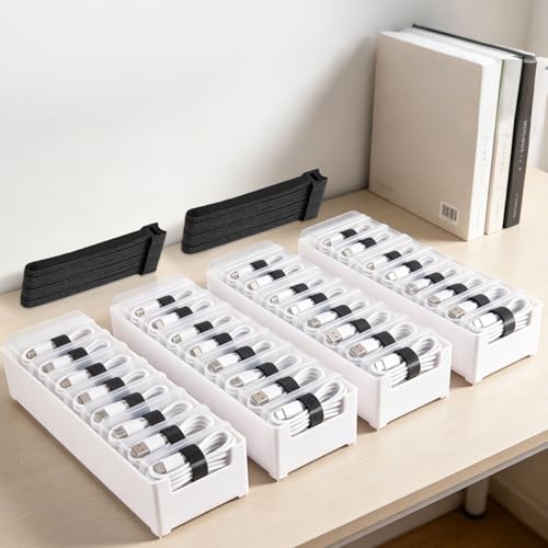 gisgfim 4 Pcs Cable Organizer Storage Box with 40 Wire Ties Desktop Cable Management Box with Clear Switch Charger Cord Storage Organizer Case for Office Home Desk Accessories Stationery Supplies