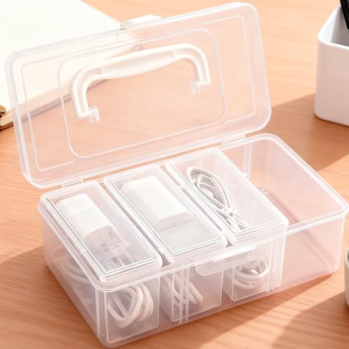 RayHenry Cable Organizer Box with Lid & Handle, Desktop Cord Management Storage with 3 Clear Switch Cases for Chargers, Cables, Jewelry, Hair Ties