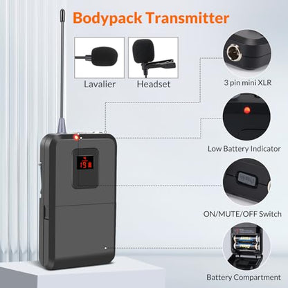 innopow 200-Channel Wireless Lavalier Microphone, Dual UHF Bodypack Cordless Lavalier Mic System Set, Auto Scan, Long Range 200-240Ft, 16 Hours Use Ideal for Speaking, Classroom 2023 333B…