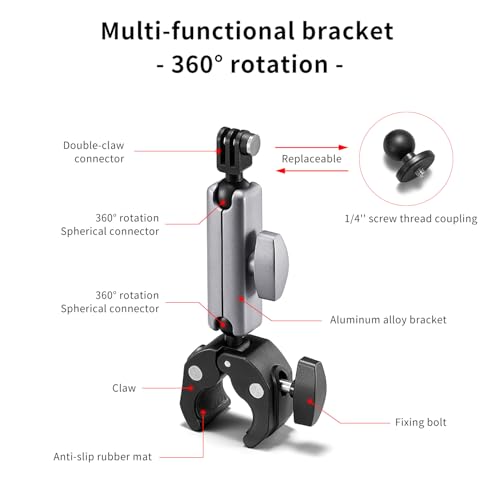 Clamp Camera Mount, Bike/Bicycle/Motorcycle Handlebar Mount for DJI camera | Action 6/5 Pro/4 3/Osmo Nano/Hero 13 12 11 10 9 8 7/Insta 360 X4 X5, with 360° Dual Ball Head, 1/4" Thread Interface Arm