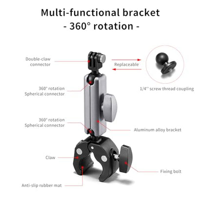 Clamp Camera Mount, Bike/Bicycle/Motorcycle Handlebar Mount for DJI camera | Action 6/5 Pro/4 3/Osmo Nano/Hero 13 12 11 10 9 8 7/Insta 360 X4 X5, with 360° Dual Ball Head, 1/4" Thread Interface Arm