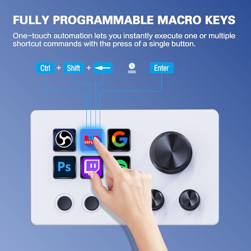 ActionRing Streaming Macro Keypad, Stream Controller Deck, Gaming Shortcut Keyboard, with 6 Customizable LCD Shortcut Keys, 3 Buttons and 3 Dials, Trigger Actions in OBS/Twitch/YouTube, For office workers and Content creaters,Windows 10/Mac14.0 (N3 White)
