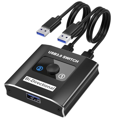 USB 3.0 Switch, Bi-Directional USB Switcher USB Splitter 1 in 2 Out/2 in 1 Out with 2 USB3.0 Cables, Aluminum USB Switcher 2 Computers Share Keyboard Mouse Printer, USB Splitter for Laptop