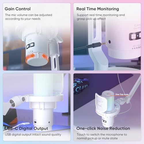 COMICA EJoy Uni Pro Wireless USB Condenser Gaming Microphone for PC, PS4, PS5, USB C Phone and Mac, Boom Arm RGB Computer Mic for Twitch, Streaming, Podcasting, Noise Cancellation Mic with Mute, Gain - color: White