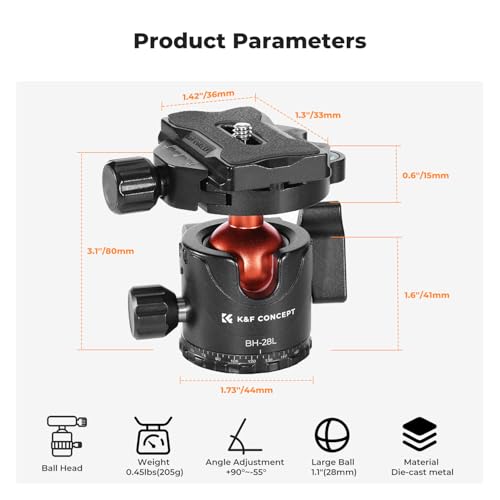 K&F CONCEPT Professional 28mm Metal Tripod Ball Head 360 Degree Rotating Panoramic with 1/4 inch Quick Release Plate Bubble Level for Tripod Monopod Slider Camera Camcorder up to 22 pounds - size: 10 kg Capacity
