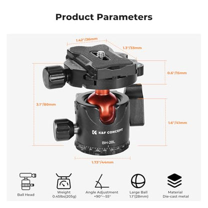 K&F CONCEPT Professional 28mm Metal Tripod Ball Head 360 Degree Rotating Panoramic with 1/4 inch Quick Release Plate Bubble Level for Tripod Monopod Slider Camera Camcorder up to 22 pounds - size: 10 kg Capacity
