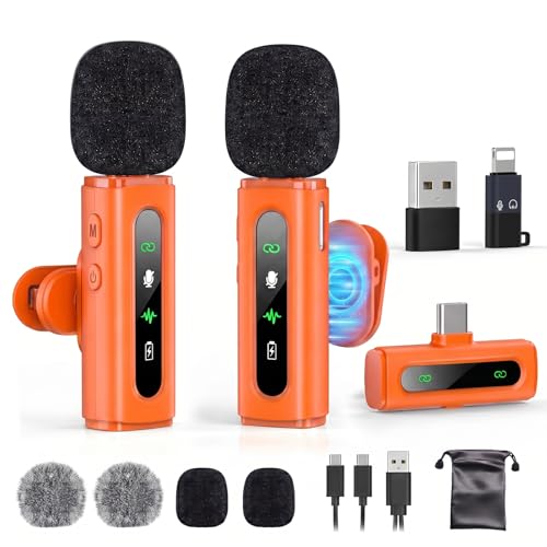 USB C Lavalier Microphone Wireless Mini Mic for Type-C Android Phone/Tablet/PC Video Recording Clip-on Mics with Rotatable Clip&Denoise Recording, Ideal for Vlog Youtube Content Creator, Orange - color: Orange, size: Without Charging Case