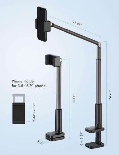 Viozon Phone Holder, Flexible Long Arm,Overhead Mount,360° Angle Adjustable,Aluminum Alloy, C Clamp for Headboard Bedside&Table&Desk,Compatible with 3.5"-6.9" Phone,iPhone 16 15Plus / Pro Max - color: Black